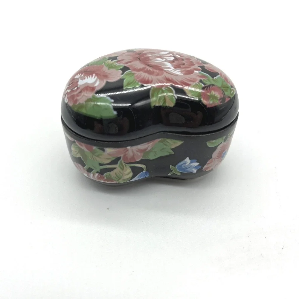 Otagiri Tavistock Floral Garden Heart Trinket Box Black Pink Roses Hinged Lid‎